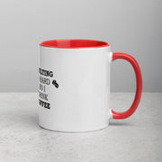 White ceramic adulting mug with dark red interior from Lavish Kitchen Isle, 11oz size, shown from the right side.