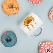 White glossy 11oz mug with donut design from Lavish Kitchen Isle, featuring a smooth finish and cheerful pattern.