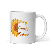 Lavish Kitchen Isle Stay Comfy white glossy 11oz mug with handle on the right, perfect for coffee or tea.