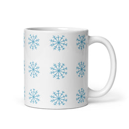 White glossy Christmas mug with snowflake design, 11oz size, handle on the right, perfect for holiday coffee beverages.