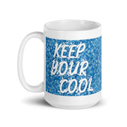White glossy 15oz mug with handle on the left, from Lavish Kitchen Isle, showing a smooth, shiny ceramic surface.